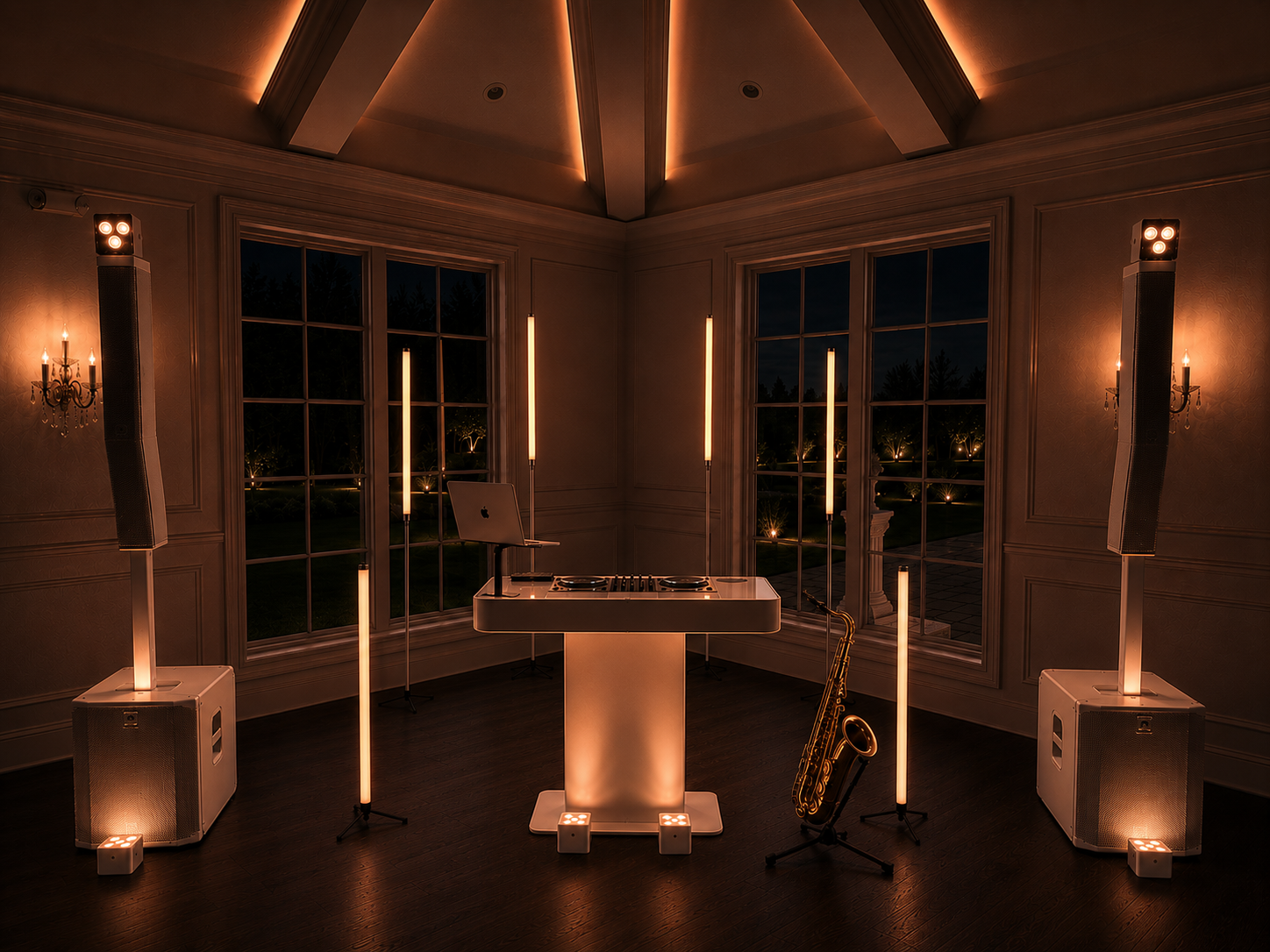 Knox Signature wedding reception setup with a white DJ command center and architectural lighting